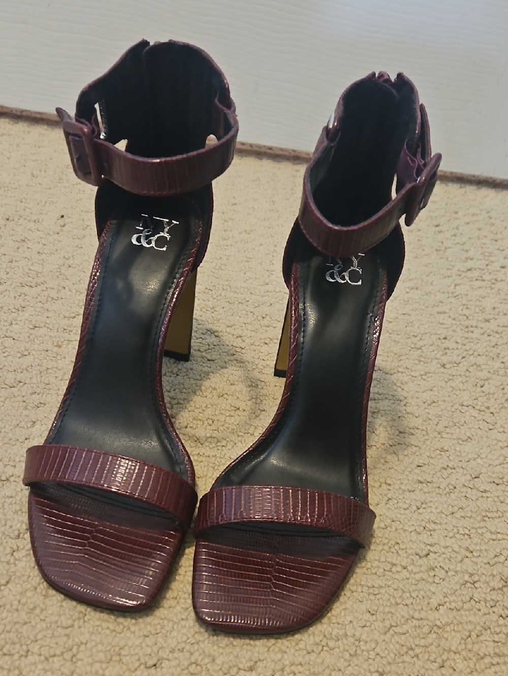 New York & Company Burgundy Croc-Embossed Ankle Strap Heels